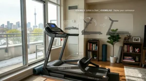 Close-up of the treadmill console and a runner, illustrating the importance of attaching the red safety clip to clothing.