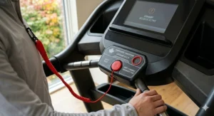 Safety clip and emergency stop button on a stable treadmill for running.