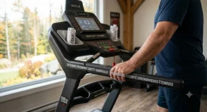Extended, ergonomic handrails on a heavy-duty treadmill for added safety.