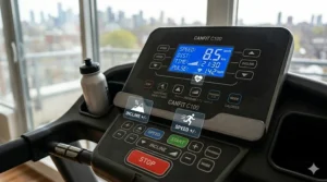 Close-up of the CANFIT C100 console, highlighting the Quick Start, Incline, and Speed control buttons.