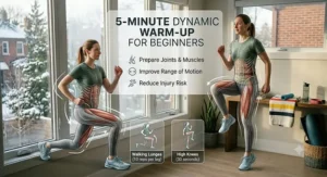 A 5-minute dynamic warm-up sequence for beginners before treadmill use.