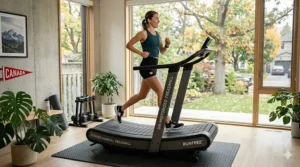 Athlete sprinting on a non-motorized curved manual treadmill.