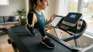 A woman walks on a treadmill for home use while conducting a virtual business meeting on her tablet.