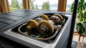 A detailed perspective from inside the Kinetic Harvester unit, looking up through the gear train, emphasizing the robust and intricate engineering.