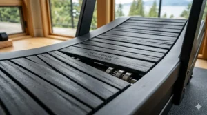 A highly detailed macro photograph focusing on the intersection of the curved running deck and front roller mechanism, highlighting the texture of the slatted rubber belt and the Eco-Power branding.