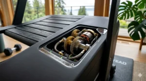 A detailed cutaway view of the self-generating power system hidden within the treadmill frame, illustrating the generator coil and gear mechanism.