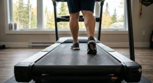 Extra-wide running surface on a heavy-duty treadmill for user comfort.
