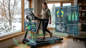 Conceptual art highlighting the benefit of using a DC motor treadmill to stay active during Canadian winters.