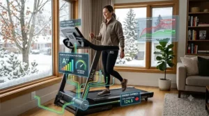 Graphic illustrating the energy-efficient performance of a DC motor treadmill for daily Canadian household use.