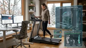 Illustration of a compact DC motor walking treadmill perfectly suited for small-space living in Canadian cities.