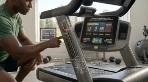 A close-up photograph focusing on the red emergency safety clip attached via a tether cord to a treadmill console, ready for attachment. (Illustration 7)