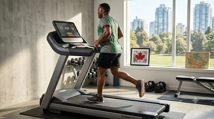 A photorealistic 4K photograph of a diverse, athletic man of strong, heavy-set build running with powerful strides on a heavy-duty treadmill in a modern Vancouver home gym overlooking an urban park. (Featured Image)