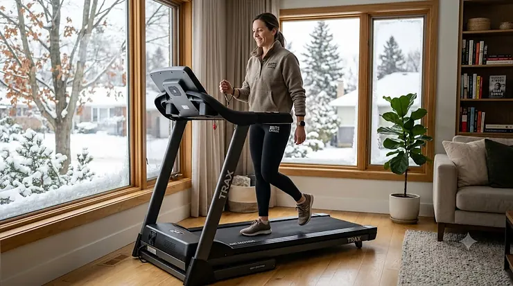 A person enjoying a brisk walk on a DC motor treadmill in a bright, modern Canadian home setting. DC motor treadmill for walking