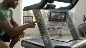 A detailed shot of a modern, full-color touchscreen console on a treadmill, displaying a heart rate graph, current pace in KM/H, and time in a bilingual (EN/FR) interface. (Illustration 6)