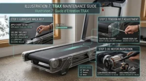 Simplified infographic showing easy maintenance steps for a home DC motor treadmill.