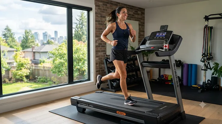 AC motor treadmill in a modern Canadian home gym / Tapis roulant à moteur CA dans un gymnase résidentiel