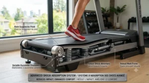 Shock absorption system on an AC motor treadmill / Système d'absorption des chocs sur un tapis roulant à moteur CA