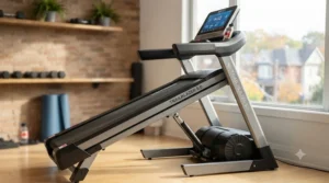 Side profile of a smart treadmill under $1500 CAD showing adjustable incline levels for intense home workouts.
