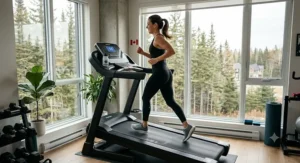 Modern auto incline treadmill set up in a bright, Canadian home gym.
