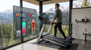 A user running on the incline trainer with the Canadian Rockies and a pine forest view through the windows.