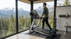 Graphic overlay detailing benefits like increased calorie burn and glute engagement on a steep trainer slope.