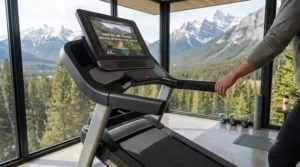 A man interacting with a holographic interface showing a detailed rainforest trail and fitness stats on a mountain-view treadmill.