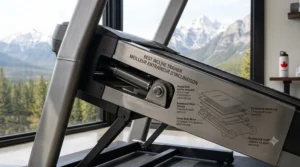 A compact incline trainer folded neatly in a Canadian condo living space, showing its storage efficiency.