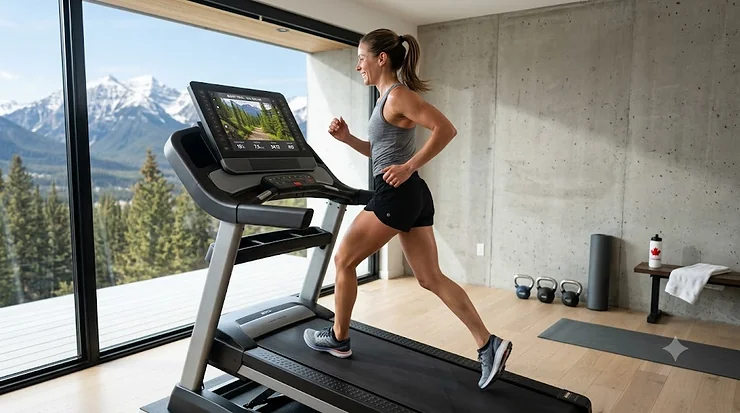 Athlete using a high incline trainer to simulate mountain hiking in a scenic Canadian setting. best incline trainer