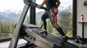 A detailed visual showing a fitness enthusiast using a trainer with maximum leg and glute muscle engagement highlighted.