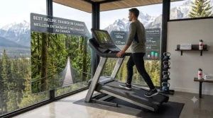 Close-up of the trainer console with a virtual mountain trail background and bilingual metric descriptions.