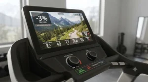 Close-up of a digital LED console on a treadmill with decline feature displaying metric speeds and workout stats for Canadian users.