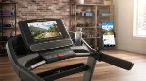 Smartphone syncing with a WiFi treadmill display supporting English and French fitness apps for Canadian users.