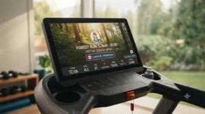 Illustration of virtual trainer software on a touchscreen treadmill interface supporting both English and French language options for Canadian users.