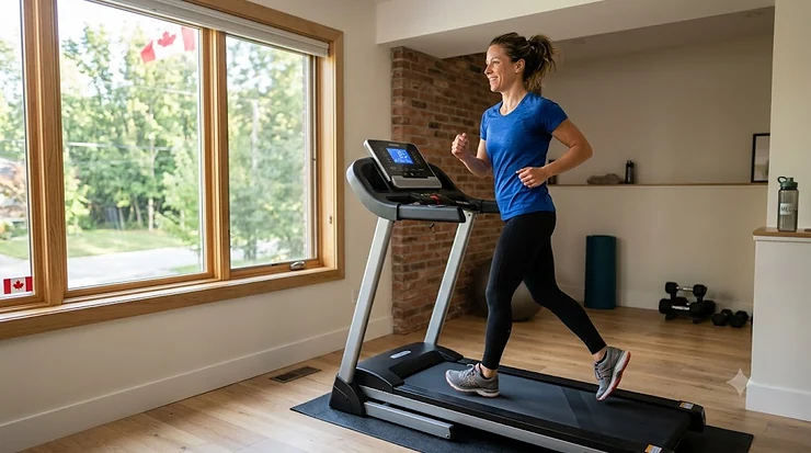 A person running on a budget treadmill 2.5 HP in a Canadian home. | Une personne courant sur un tapis de course économique 2.5 HP dans une maison canadienne.