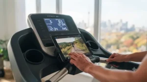 A smartphone and tablet holder integrated into a treadmill for hands-free workout entertainment.