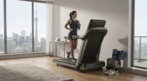 Space-saving folding treadmill with decline feature stored neatly in a contemporary Toronto condominium living room.