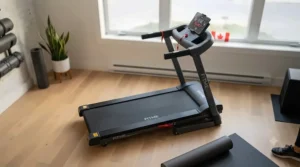 Overhead view of a compact treadmill in a small Canadian apartment.