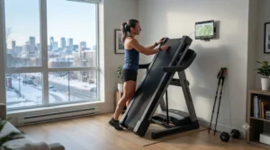 Minimalist illustration of a foldable treadmill to simulate hills fitted into a Montreal apartment living room.