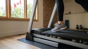 View of the shock-absorbing deck on a 2.5 HP budget treadmill. | Vue du plateau amortissant d'un tapis de course économique 2.5 HP.