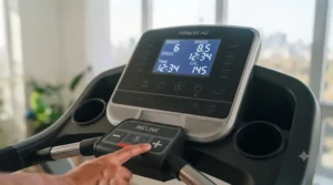 The digital LCD console tracking speed, distance, and calories on a budget treadmill.