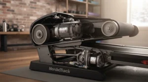 Technical illustration highlighting a powerful motor and wide running deck for a reliable WiFi treadmill under $1200 CAD.