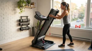 Person folding a space-saving treadmill for storage.
