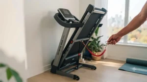 A compact, foldable treadmill being stored easily in a small Canadian home apartment space.