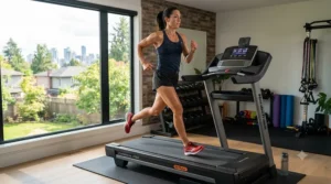 Person running on a heavy-duty AC motor treadmill / Personne courant sur un tapis roulant robuste à moteur CA
