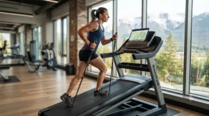 Graphic showing an athlete prepping for a Rockies trek by setting their treadmill to simulate steep mountain hills.