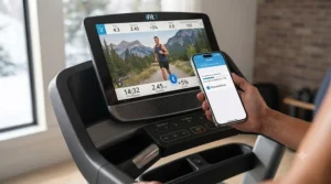 Tablet showing bilingual fitness tracking software synced for Canadian users in an iFit compatible treadmill review.