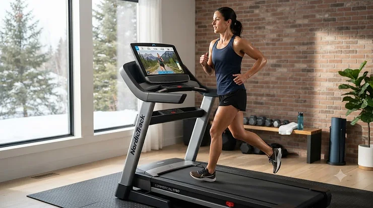 A runner testing an iFit compatible treadmill in a modern Canadian home during winter, featured in our expert review.