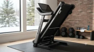 Space-saving hydraulic folding deck highlighted for home gyms in our iFit compatible treadmill review.