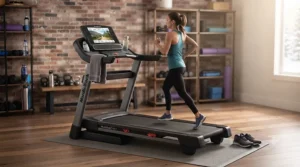 Runner using a connected WiFi treadmill indoors to stay active during cold Canadian winter months.
