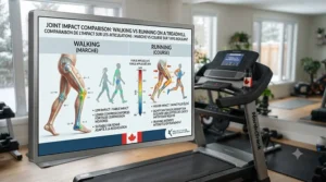 Illustration comparing joint impact levels of walking vs running on a treadmill.